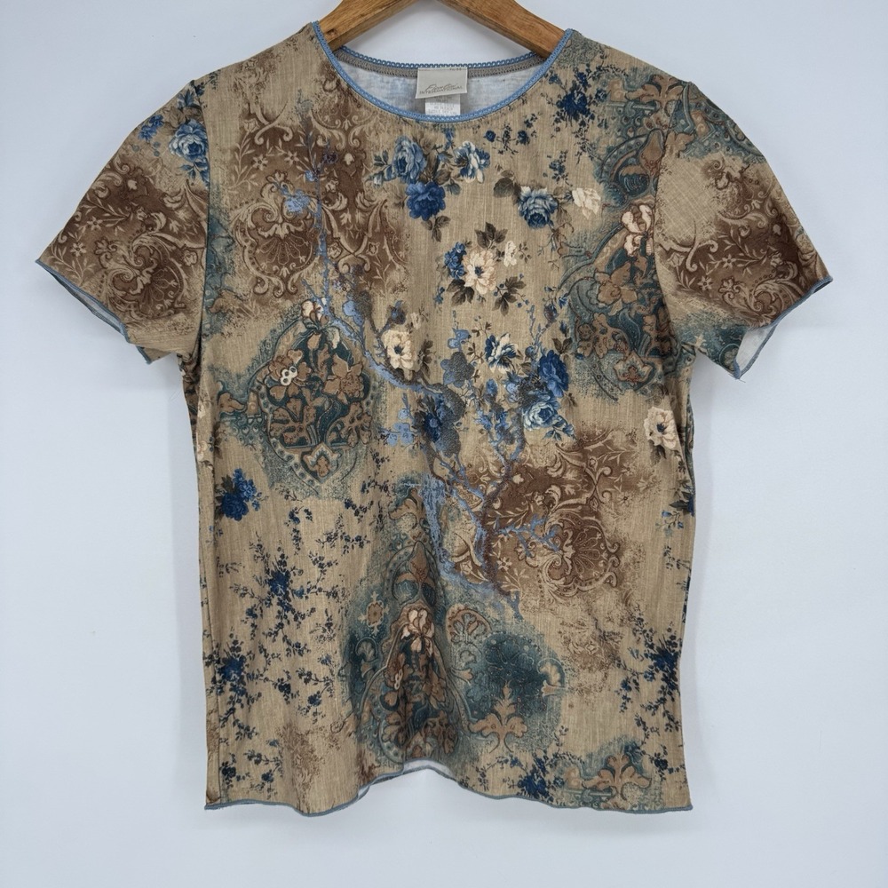Y2K Bohemian‎ Floral Top Women's Small Graphic Tshirt Beaded Brown Blue Fiorlini